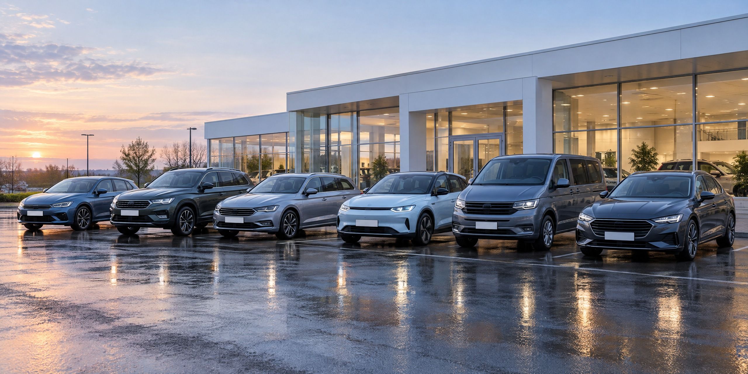 Autohaus am Morgen mit einer Reihe Fahrzeuge vor dem Showroom